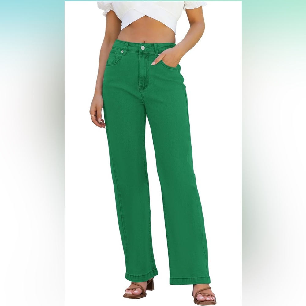 ETTELO Jeans High Waisted Straight Leg Loose Jeans // Color Greener / Size 10
